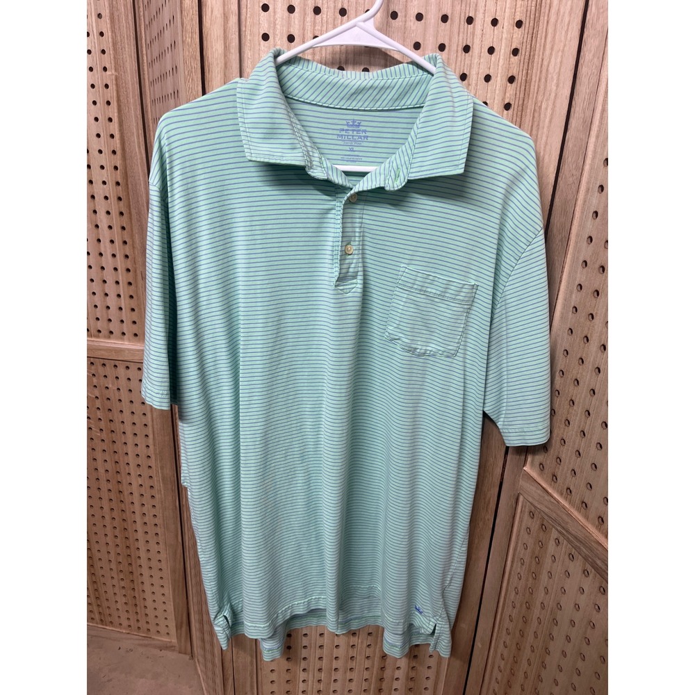 Peter Millar Seaside Wash Mens XL Striped Polo Shirt Aqua Purple SS Pocket